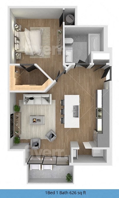 Floor plan for 1 bed, 1 bath, 688 sqft